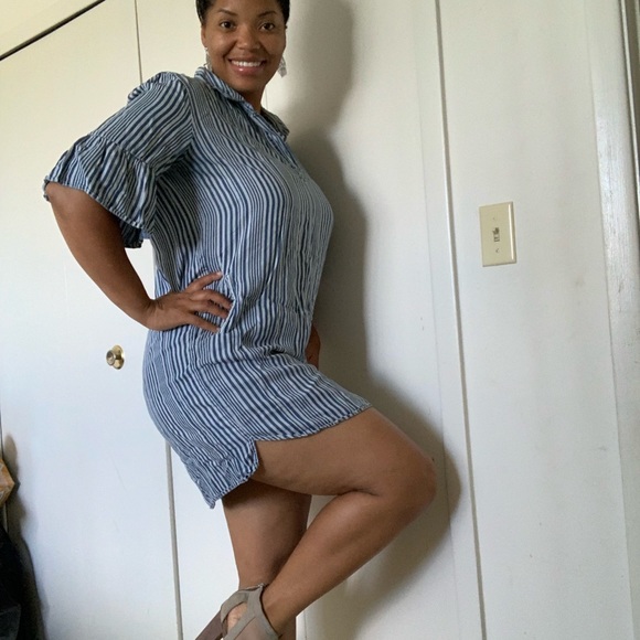 Denim-striped, collar-shirt Dress w/ pockets - Picture 8 of 8